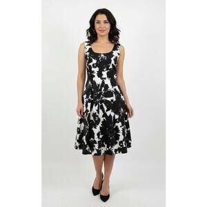 Ann Taylor Black White Floral Sleeveless Pockets Pleated A-Line Dress, Size 2